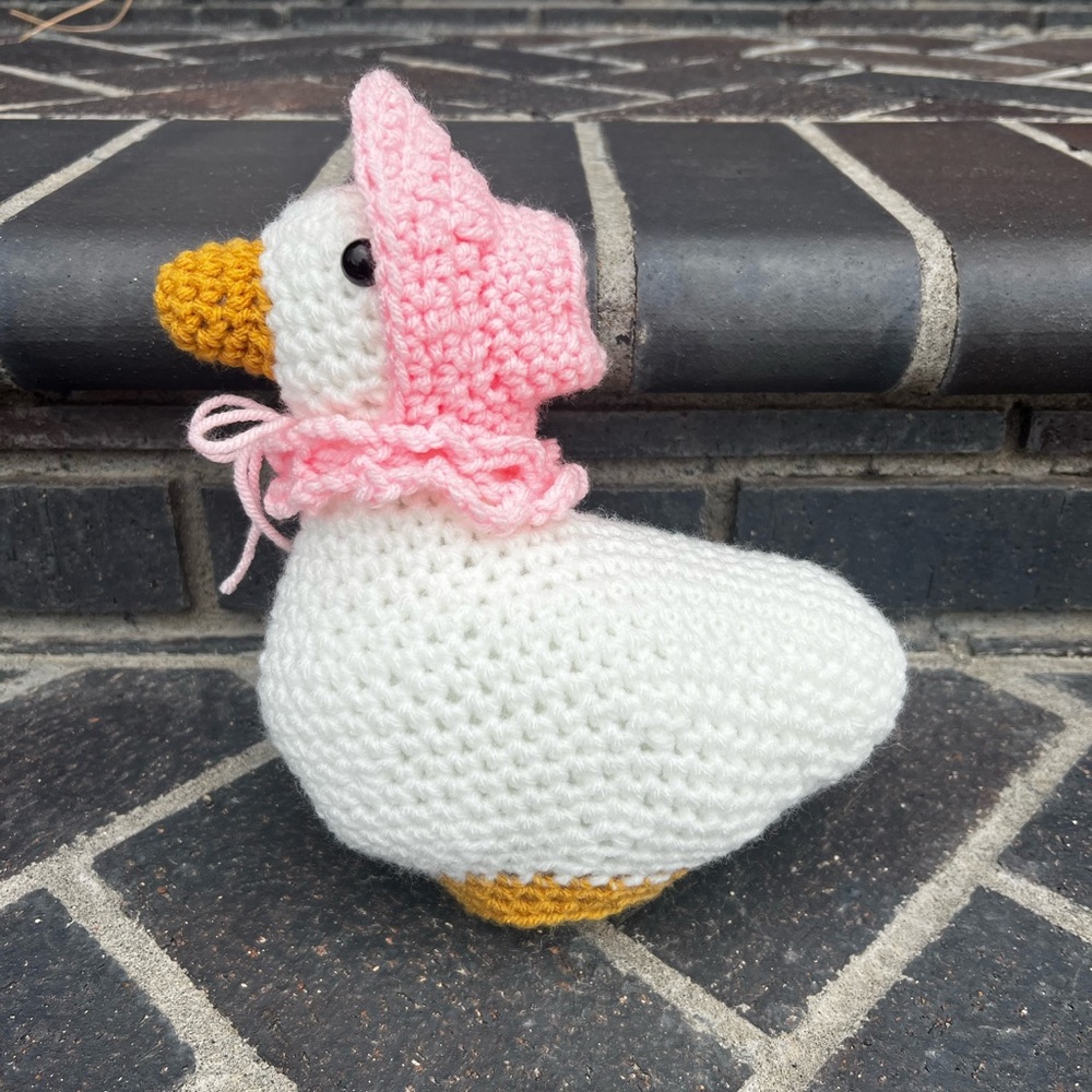 Hand Crocheted Carla the White Goose with Bonnet Stuffed Animal Plushie!